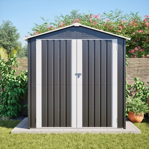 Cobertizo de metal para herramientas de jardín, 142 x 185 cm, cobertizo para jardín con base, garaje para bicicletas al aire libre/garaje para moto, con cerradura, ventilación, resistente a la