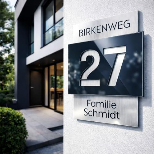 Premium Hausnummer | individuell anpassbar | Aluverbund silber gebürstet und Acrylglas Anthrazit Hochglanz | 3D Effekt | Wetterfest - Made in Germany - H1009