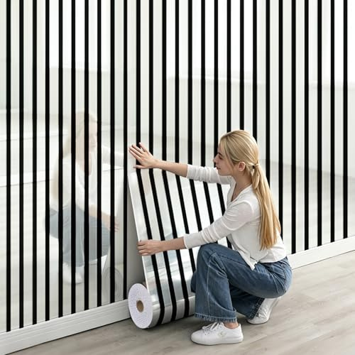 Tarwanear 2 Roll Self Adhesive Wallpaper Reflection Striped Peel and Stick Wall Panel for Living Room Bedroom Waterproof Backsplash Countertop Bathroom Wallpaper,40cm x 3m Silver Black