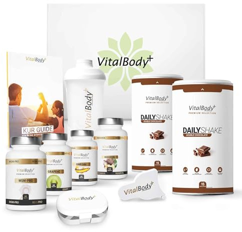 VitalBody+ Stoffwechselkur, 30 Tage, 9-teiliges Set inkl. Betreuung | HCG-Diät, Mahlzeitenersatz-Shake, MSM, OPC, Omega-3, Sättigungskapseln, VIP Coaching