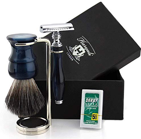 Vintage Stil Traditionelle Nass Rasier Set - 3 Teile Doppel Rasierhobel & Synthetik Dachshaar Rasierpinsel Special Edition