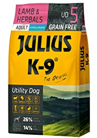 Julius K-9 arbetshund vuxna lamm och örter utan dryck, glutenfritt hund-torrfoder, 1-pack (1 x 10 kg)