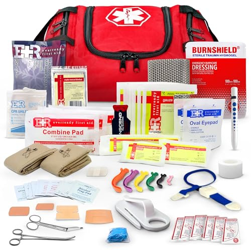 Fully Stocked Trauma First Aid Kit – First Responder II Bag with Tools, Gauze, Bandages, Scissors & Gloves – Compact & Portable – OSHA and ANSI Compliant – Red