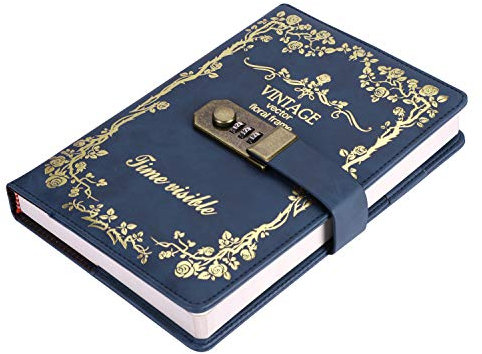 A5 Password Notebook with Lock,Creative PU Leather Password Lock Notebook,200 Pages Diary Lined Paper Journal Sketchbook Daily Planner Notepad with Combination Lock Pen Holder and Card Slots,150x218mm