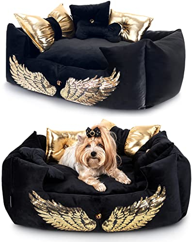 NELKE Exklusives Hundebett im Glamour-Stil Hundesofa schwarz mit goldenen Flügeln Luxuriöses Hundecouch für kleine und mittelgroße Hunde Hundekissen waschbar