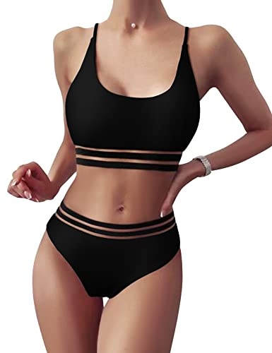 TOMEEK Donna Bikini Set con Mesh Due Pezzi Costume da Bagno Push up Imbottito Alto Taglio Sport Swimwear Swimwear ad Alto Vita Bikini Beachwear per Le Donne(Nero,L)