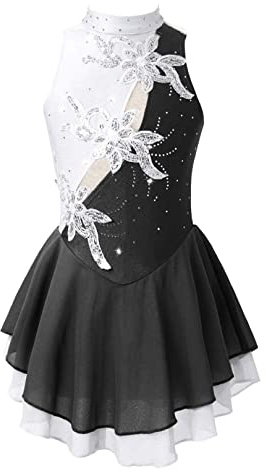 ranrann Abito da Pattinaggio Artistico Bambina Chiffon Paillettes Vestito Danza Classica Leotards Abito da Ballo Latino Samba Rumba Jazz Danza Moderna Dancewear Performance Nero&Bianco 11-12 Anni