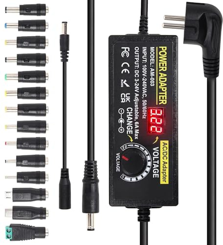 3-24V 6A 144W Einstellbares Netzteil, Universal Netzteiladapter 100V-240V AC to DC Netzteil Adapter mit 14 Tipps & Polaritätskabel für Haushaltselektronik LED-Streifen, 6000mA Max