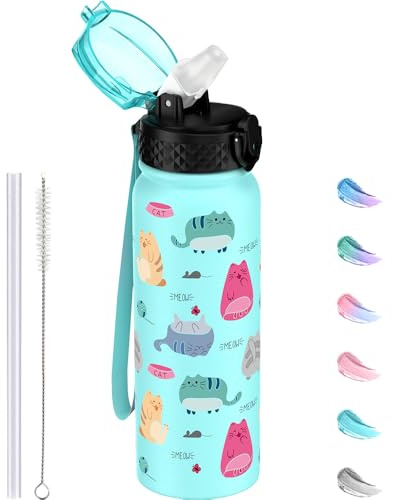 GOPPUS Botella Agua Acero Inoxidable 600ml/20oz con Pajita Botella Deportiva Aislada Frasco Frío con Pajita Botellas Agua Metal Abatibles Doble pared Termo a Prueba Fugas para Deportes Gimnasio