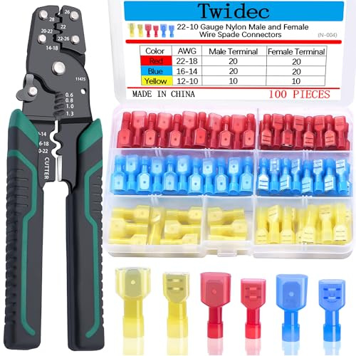 Twidec/100PCS Nylon Spade Connectors Kit 22-10 Gauge Quick Disconnect Fully Insulated Male and Female Wire Spade Terminal Assortment Kit and Wire Crimper Tool with Stripper Cutter