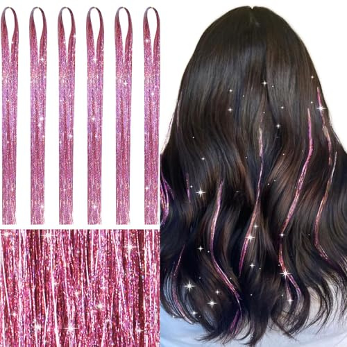 WENNALIFE Hair Tinsel, Glitzer Haarsträhnen für Party Festival Mädchen | 120cm 6 Stück Haar Lametta 1200 Glitzersträhnen für Haare. #Pink. Leicht, Gerade, Knitterfrei.