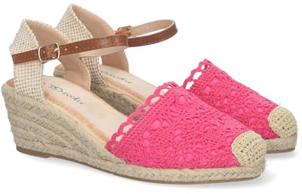 81312-Sandalia de Cuna para Mujer, Estilo Valenciana, Cuna de Yute, Pala Bordada, y Cierre de Hebilla.. Talla 36 Fucsia