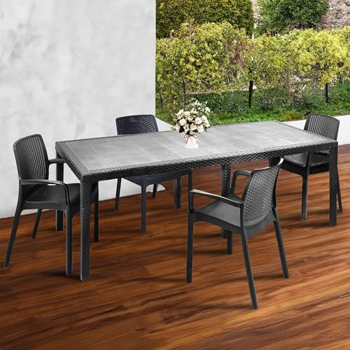 Dmora - Loungeset für draußen Manarola, ausziehbares Outdoor-Tisch mit 4 Stühlen, Gartentisch und Sitzgelegenheiten in Rattan-Optik, 100% Made in Italy, Anthrazit