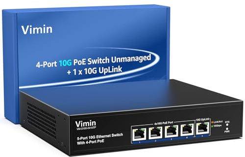 5 Ports 10G PoE Non Gérés Switch réseau avec 1 Port de Liaison Montante, VIMIN 4-Port 10Gbe PoE Switch supporte 100M/1000M/2.5G/5G/10G Vitesse Auto-négociation, pour Réseau 10G NAS, IEEE802.3af/at