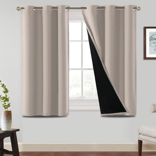 BellaHills 100% Blackout Curtains for Bedroom Thermal Insulated Blackout Curtain Heat and Full Light Blocking Eyelet Curtains for Living Room with Black Liner 2 Panels, 46 x 54 Inch, Natural Sand