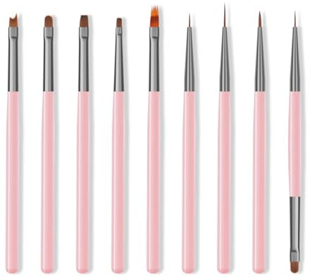 Nail Art Brushes Set, 9pcs Nail Design Painting Brushes, Professional Nail Art Design Brushes, Nail Fine Liner Brushes, Pink