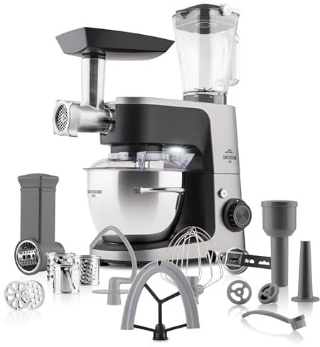 ETA Küchenmaschine Gratussino Maxo III I 1200W I 8 Geschwindigkeitsstufen I Planetenrührsystem I PULSE-Taste I Kneten, Rühren, Schlagen, Mixen, Reiben, Fleischwolf, Wurstfüllung I Edelstahlschüssel
