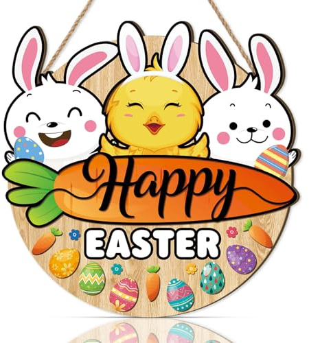 CHDITB Easter Welcome Sign Front Door,Happy Easter Door Sign,Bunny Carrot Spring Wall Decor,Chick Rabbit Festivals Hanging Plaque,Spring Decorations for Garden Party Indoor Outdoor Home Porch Decor