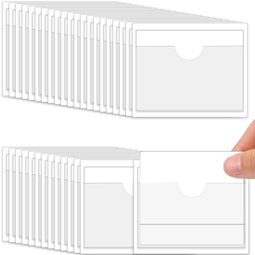 32 Stück Etikettenhalter Selbstklebend 10 x 6cm Beschriftungsfenster Visitenkartenhüllen Selbstklebend mit oberer Öffnung Transparent Wasserfest und Robust für Büro Schule Park Zuhause Sortieren