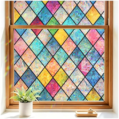 Haton Stained Window Film for Glass Privacy Colorful Lattice 90x300cm