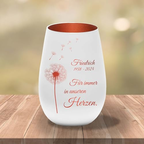 Kiwistar UG - Gedenklicht - Teelichthalter - mit Name und Datum - weiß - Bronze - Gravur - individuell personalisiert - Pusteblume - Herzen - Grablicht - Trauergeschenk
