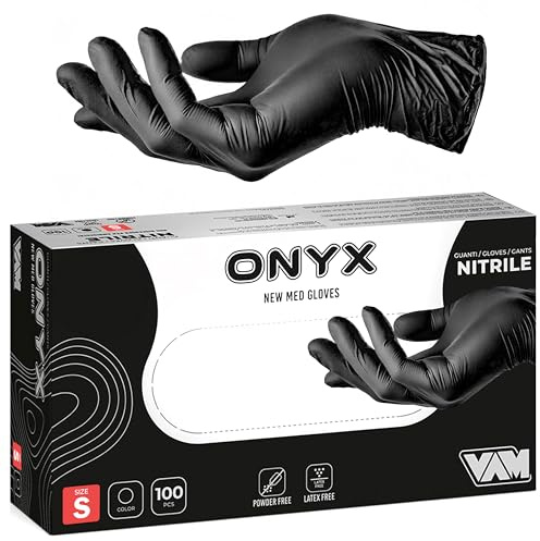 Generico ONYX 100 Guanti Nitrile Neri S monouso senza polvere, ipoallergenici per Estetisti, Tatuatori, Manipolazione degli Alimenti