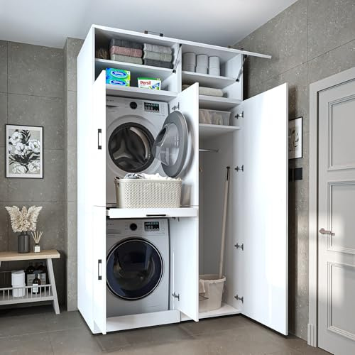 ROOMART Dora Armoire pour machine à laver - Pour sèche-linge et machine à laver - 130 cm de large - 4 couleurs - Avec portes et tiroir coulissant (hauteur 230 cm - avec base, blanc)