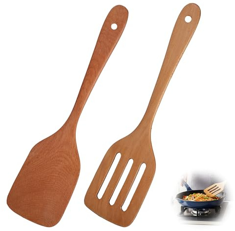 Juego de 2 espátulas de madera de teca natural con mango largo y espátula ranurada hecha a mano Hechas a Mano, Resistentes al Calor, Antibacterianas, Ideales para Sartenes Antiadherentes