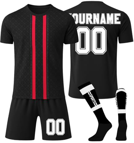 Generisch Personalise Fußball Trikot Herren Football Spieltrikot Jersey Shorts Socken 3 Teilig Set Schnelltrocknend Trainingsanzug Individuelles Fußballtrikot Atmungsaktiv Sportanzug 1-Black