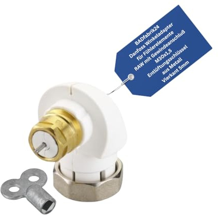 BADfabrik24 Winkeladapter M30×1,5 für RAW Fühlerelemente + Entlüftungsschlüssel 5 mm Metall – 1 Stück Heizkörper-Zubehör, Adapter für Thermostatventile, erleichtert Montage & Entlüftung
