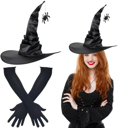 GLEEMEN Damen Hexenhut und Lange Handschuhe Set, Schwarz Hexe Halloween Hüte Stretchhandschuhe, Kostümzubehör für Karneval Fasching Mottoparty Cosplay
