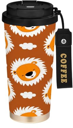 JUMBEAR Taza de viaje con aislamiento al vacío Little Lion de dibujos animados, tazas de café reutilizables de viaje, taza de café de acero inoxidable de doble pared a prueba de fugas con tapa para