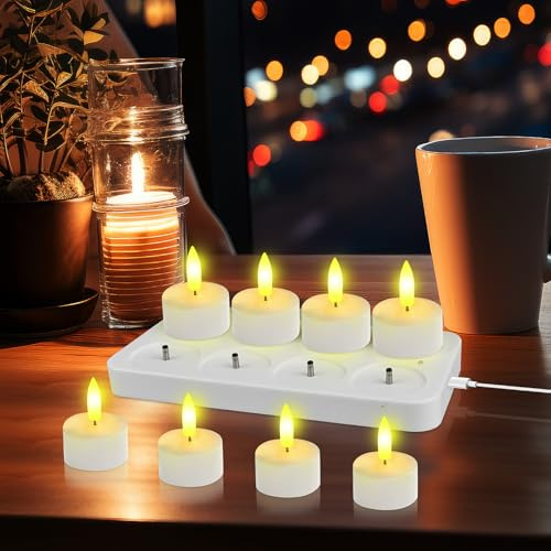 Xndryan LED Teelichter Wiederaufladbar, 8 LED Kerzen Teelichter mit Fernbedienung und Ladestation, Elektrische Flackernde für Party Zimmer Wohnzimmer Halloween Weihnachten Tisch Party Deko