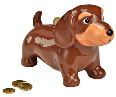 Spardose Hund Dackel aus Keramik – Braun | Lustiges Tier- Sparschwein für Kinder & Erwachsene (18x13x9 cm)