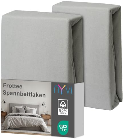 NYVI Spannbettlaken DreamScience Frottee 90x200-100x200 cm Silber 2er Set für Matratzen bis 22 cm Höhe - Warm und Kuschelig, hohe Feuchtigkeitsaufnahme, schnell trocknend
