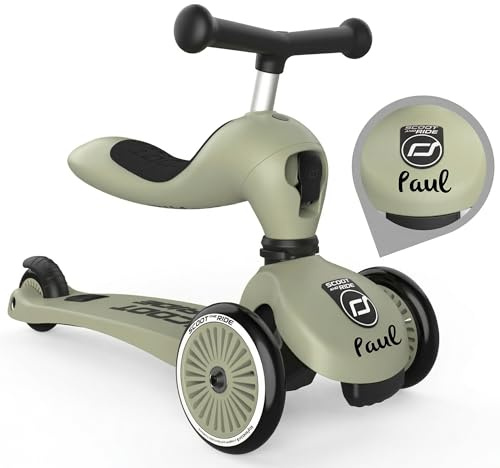 Scoot and Ride Highwaykick 1 Olive personalisierbar – 2in1 Kinderroller & Laufrad – Roller ab 1 Jahr bis 5 Jahre – Höhenverstellbar & Kippsicher – Premium Kickroller für Kinder