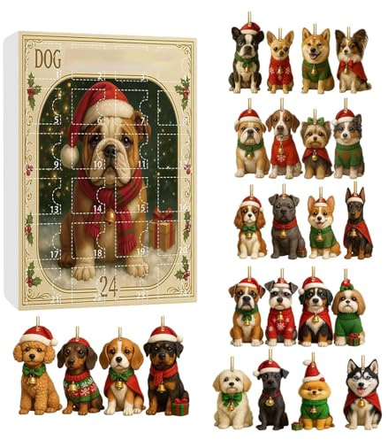 MFYOUPK Calendrier de l Avent 24 Jours pour Chien,Set de Charmes en Acrylique 2D pour Amoureux des Chiens - Ornements Animaux de Noël pour Porte Fête Rétroviseur Voiture Porche Arbre Balcon Fenêtre