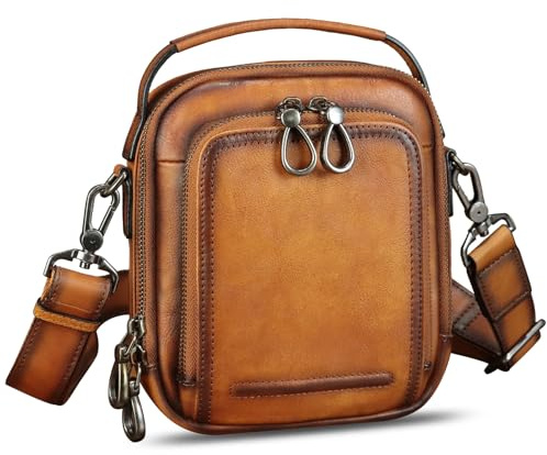 Genuine Leather Messenger Bag for Men Small Crossbody Shoulder Bag Vintage Satchel Handbag Sling Purse Phone Bag (Brown)