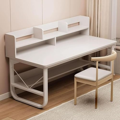 Wooden Desk with Bookshelf and Storage Compartment,Metal Frame Computer Desk,Large Workstation Gaming for Bedroom Living Room Home Office White,100CM