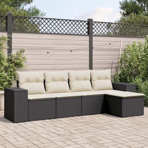 LoogCape Ensemble de canapé de jardin 5 pièces en polyrotin noir avec espace de rangement, résistant aux UV, groupe de sièges d'extérieur modulaire pour terrasse, balcon et véranda
