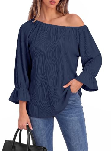 Gemulate Ladies Tops Off The Shoulder Tops for Women 3/4 Sleeve Blouses | Bardot Top for Women UK Dressy Casual Boat Neck Shirts Elegant Evening Work Outfits Summer Autumn Tunic Clothes S-XXL