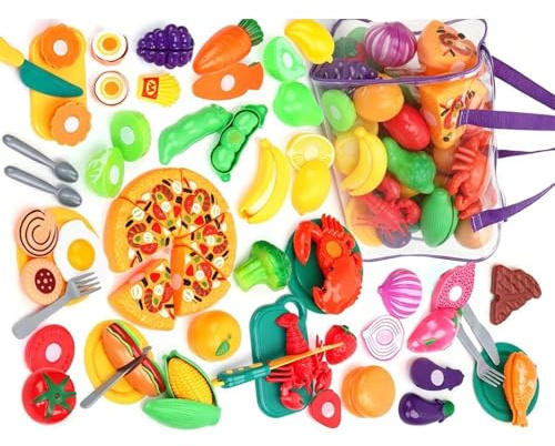 Cutting Food Toy Set with Pretend Fruits, Vegetables, Basket, Plates, Cutter and Utensils for Kitchen Role Play Pretend Kitchen Food Toy Cuttable Fruits Vegetables Grocery Play Set Basket Utensils