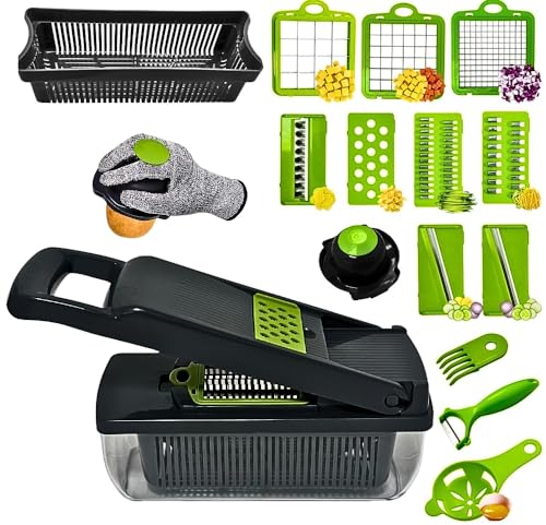 16-in-1 Vegetable & Fruit Chopper | Onion & Salad Chopper with 7 Stainless Steel Blades | Cleaning Brush, Peeler & Storage Container