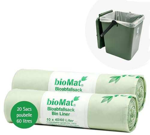 bioMat Sacchetti per la Spazzatura 60l Compostabili, 20 Sacchi per Bidone dell’ Umido, Bidone per Rifiuti Residui, Qualità Premium, Neutrali dal Punto di Vista Climatico, Made in Germany