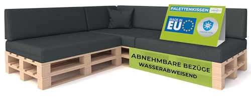 Pillows24 Palettenkissen 8er Set, Wasserabweisend & UV-fest, Waschbar | Palettenkissen Outdoor für Europaletten 120x80, abnehmbarer Bezug, Palettenuflage für Palettensofa, Made in EU, Graphit