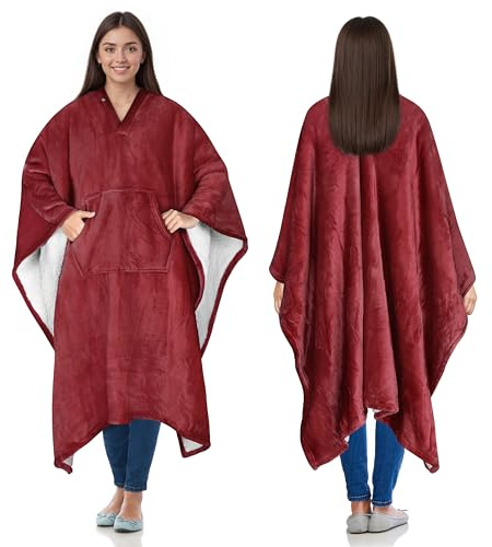 Catalonia Classy Sherpa Fleece Poncho Blanket Super Soft Warm Cosy Wearable Large Blanket for Adult Women Men Fluffy Throw Indoors or Outdoors, 200 x 140 cm Wine
