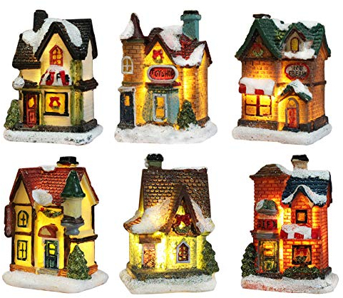 Weihnachtsdorf Mit Beleuchtung, Weihnachtslaterne Led, Weihnachtsdeko Amerikanisch Lichterkette Weihnachten Basteln Batteriebetrieben (6pc Set, 4 * 6.5 * 9cm)