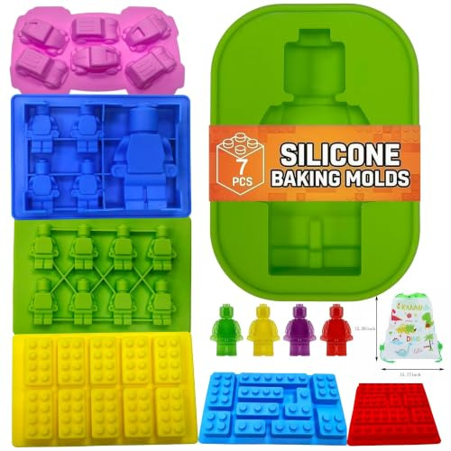 Nuoda Molde de silicona para chocolate y caramelos, diseño de Lego Bloques, bandeja de hielo, robots y autos, con bolsa de regalo con cordón para fiestas infantiles, fácil de usar y limpiar