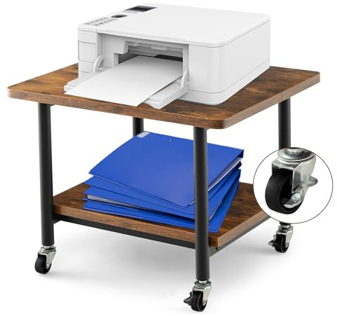 RELAX4LIFE Support d'Imprimante Mobile à 2 Niveaux avec Roue Universelle Verrouillable，Organisateur de Bureau Style Moderne pour Télécopieur, Scanner, Téléphone 48,5X40X35,7CM (Marron)