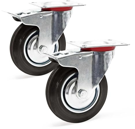 Wiltec Doppelstopp-Lenkrollen Set 2x Vollgummirad Transportrolle 200mm bis 150kg pro Rad mit Feststellbremse und Anbauplatte, leiser Lauf, Transportrollen Möbelrollen